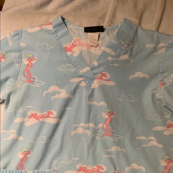 Gently Loved Light Blue Scrub Top with Pink Panther Design - Picture 2 of 7